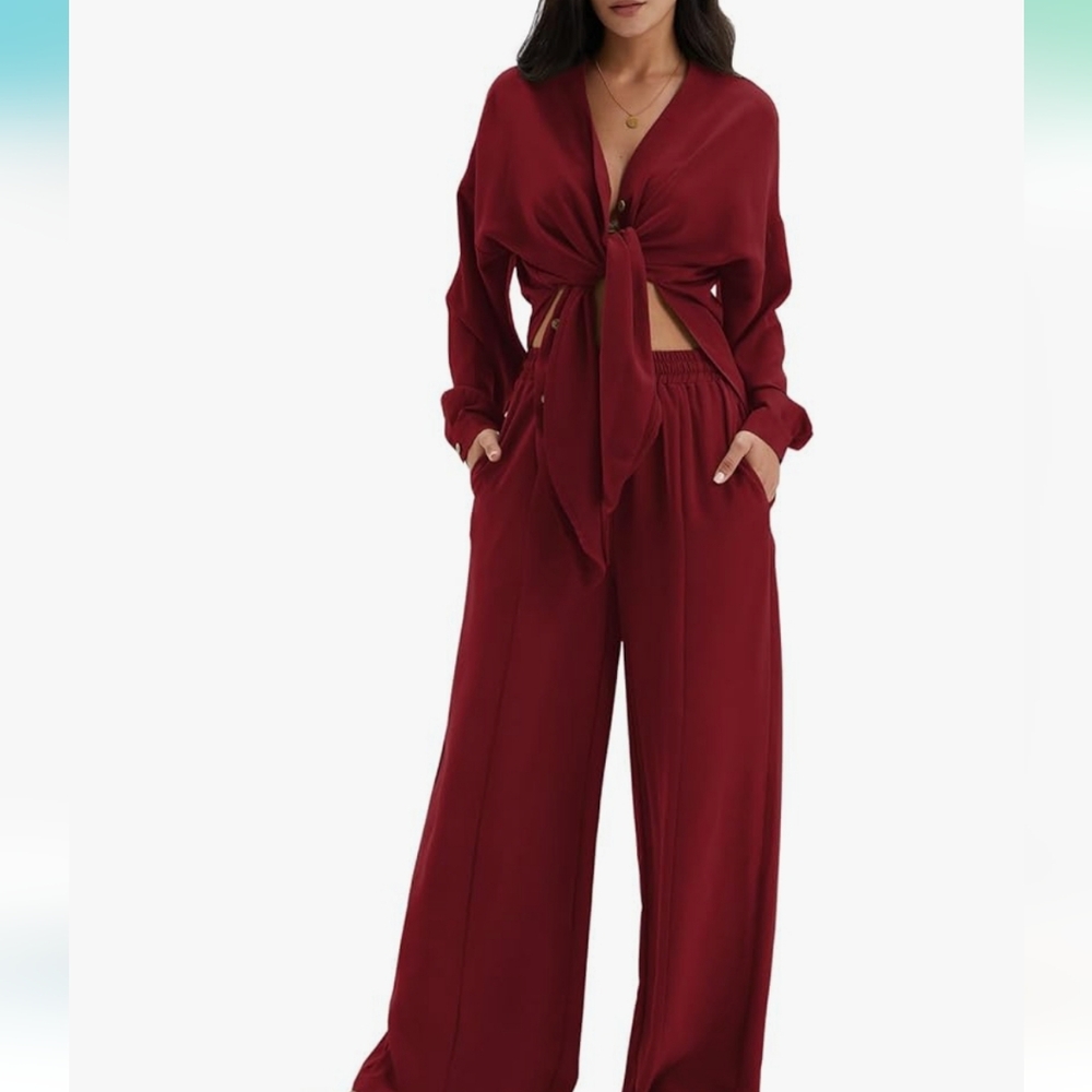 2 piece outfit - short sleeve wrap v neck crop top and wide leg pants